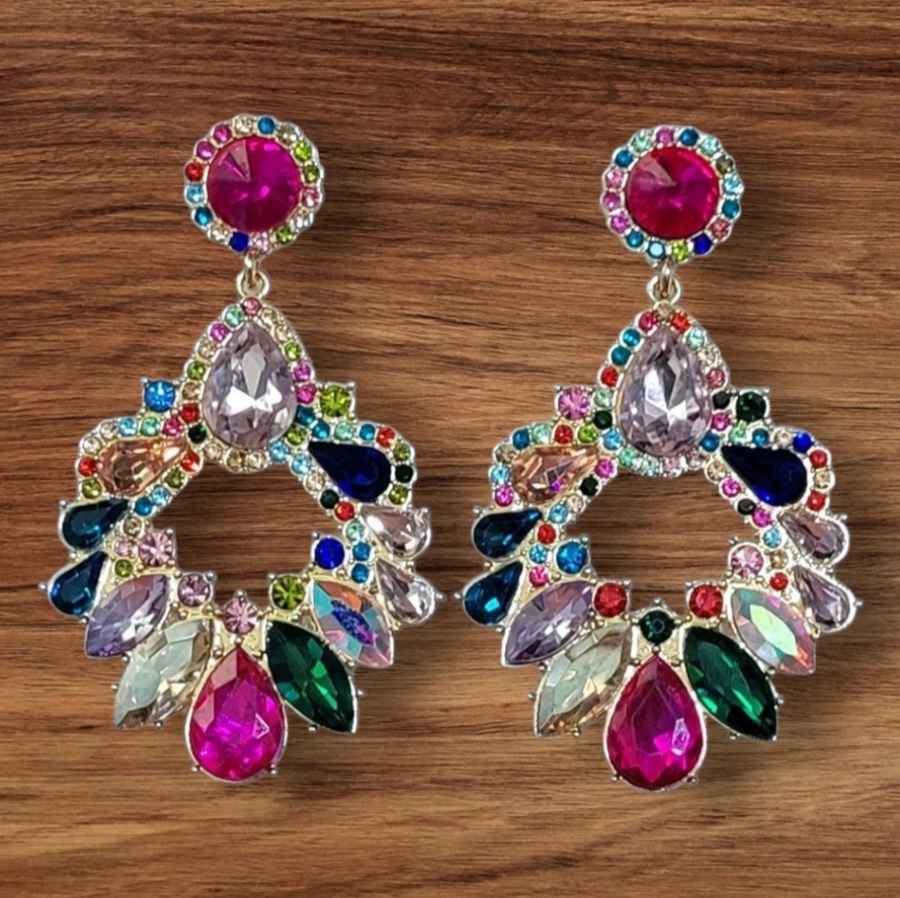Multicolor Rhinestone Statement Drop Earrings New - Picture 2 of 3